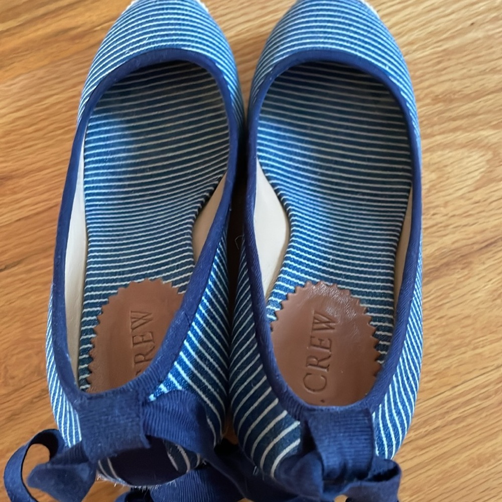 NIB J. Crew Seville Canvas Espadrille wedge ankle tie Blue & White stripes 7.5 - Picture 7 of 12